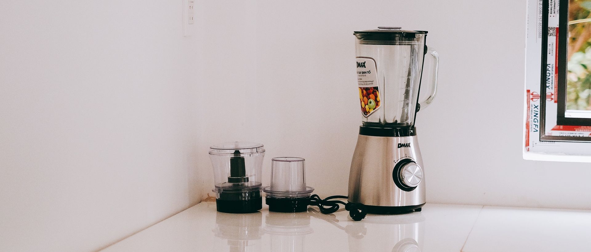 A blender on a bright kitchen counter